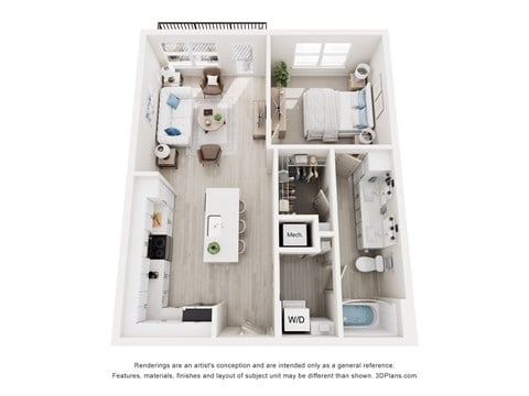 Floor plan for 1 bed, 1 bath, 751 sqft